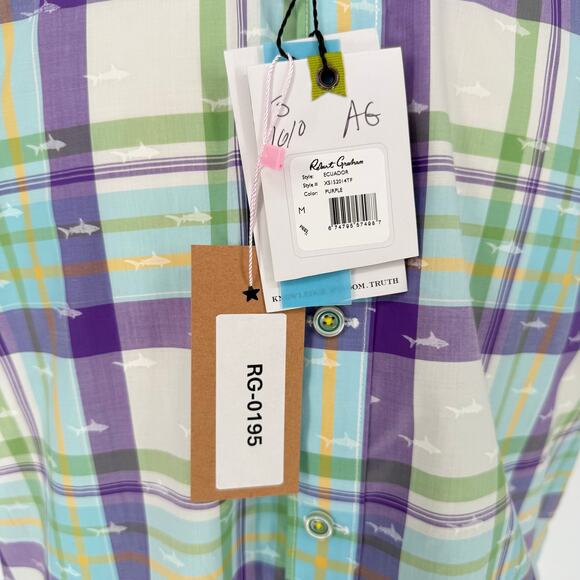 Robert Graham Button Front Short Sleeve Shirt ECUADOR Shark Print Purple Green M - Picture 8 of 10